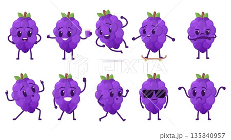 Funny grape characters. Cute grapes different poses, happy angry sad. Fruit character drink juice, riding skateboard. Children mascots sapid vector set 135840957