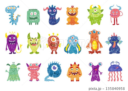 Crayon cartoon monsters. Horrible monster, funny peaceful pencil drawing aliens. Children style hand drawn bright characters, neoteric vector clipart 135840958