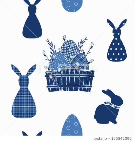 Easter eggs, pussy willow branches, fence, bunnies silhouette, seamless pattern. Hand drawn vector illustration. For seasonal designs, greeting cards, holiday magazines, fair goods, nature clip arts. 135841096
