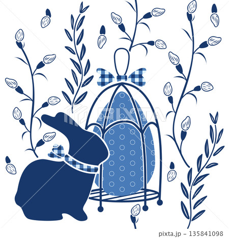 Easter egg in cage, bunny with checkered bow, pussy willow branches silhouette, seamless pattern. Hand drawn vector illustration. For spring and seasonal designs, greeting cards, holiday clip arts. Easter egg in cage, bunny with checkered bow, pussy willow branches silhouette, seamless pattern. Hand drawn vector illustration. For spring and seasonal designs, greeting cards, holiday clip arts. 135841098