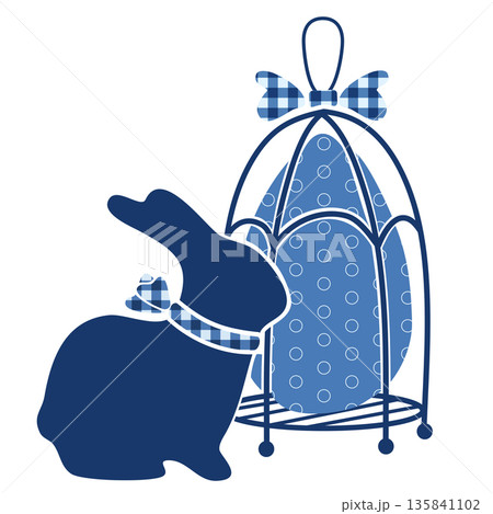 Easter egg in cage, bunny checkered bow silhouette, graphic template. Hand drawn vector illustration. For spring and seasonal designs, greeting cards, travel magazines, garden goods, nature clip arts. 135841102