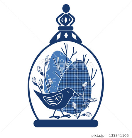 Easter eggs checkered pattern, willow branches, bird in glass cloche silhouette, graphic template. Hand drawn vector illustration. For spring and seasonal designs, greeting cards, holiday clip arts. Easter eggs checkered pattern, willow branches, bird in glass cloche silhouette, graphic template. Hand drawn vector illustration. For spring and seasonal designs, greeting cards, holiday clip arts. 135841106