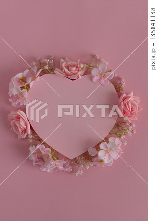 Pink Heart with Flowers. Romantic Valentines Day Flatlay on Soft Pink Background Pink Heart with Flowers. Romantic Valentines Day Flatlay on Soft Pink Background 135841138