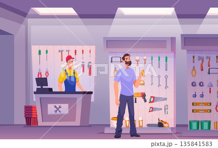 Construction workshop interior. Customers buying construction tools in specific workshop repair marketplace exact vector sellers consult clients Construction workshop interior. Customers buying construction tools in specific workshop repair marketplace exact vector sellers consult clients 135841583