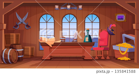 Pirate cabin. Battleship pirate cabin interior with specific wooden decoration exact vector adventure and sea exploration concept background 135841588
