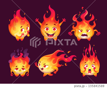 Fire mascot. Funny emotional flame character in action poses and funny faces exact vector template 135841589