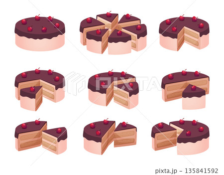 Cake slices. Delicious testy food cake for party sliced parts of sweet bakery food exact vector cartoon template Cake slices. Delicious testy food cake for party sliced parts of sweet bakery food exact vector cartoon template 135841592