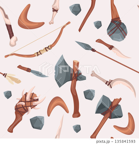 Stone Age tools. seamless pattern with axe spear and hammer from stones 135841593