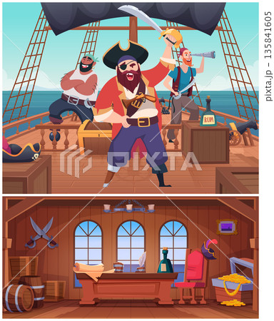 Pirates. aggressive cartoon characters pirates on battleship exterior Pirates. aggressive cartoon characters pirates on battleship exterior 135841605
