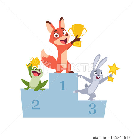 Animals winners. happy cartoon characters animals holding cup trophy 135841618