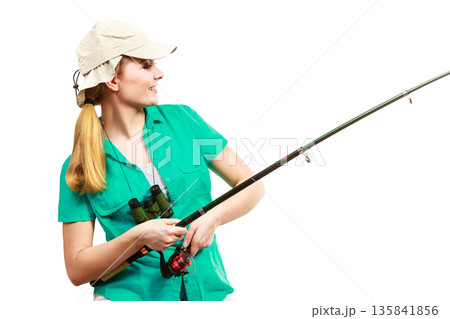 Woman with fishing rod, spinning equipment Woman with fishing rod, spinning equipment 135841856