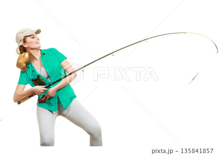Woman with fishing rod, spinning equipment Woman with fishing rod, spinning equipment 135841857