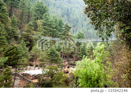 Suspension bridge view along EBC trek, Nepal Suspension bridge view along EBC trek, Nepal 135842246