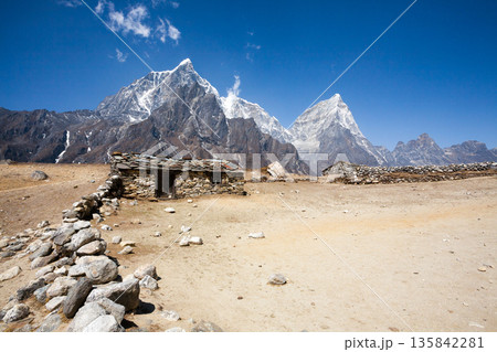 Everest base camp trekking path in Dingboche area, Nepal 135842281