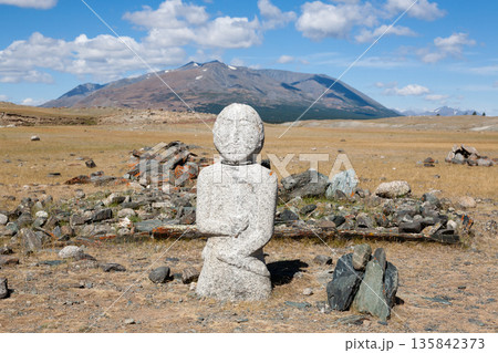 Cemetery with ancient statues in remote region of Mongolia, Altai Tavan Bogd National Park Cemetery with ancient statues in remote region of Mongolia, Altai Tavan Bogd National Park 135842373