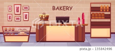 Bakery interior. Glass showcase with cakes slices, muffins and glazed donuts. Wooden cash desk and shelf with fresh hand baked bread, nowaday vector scene 135842496