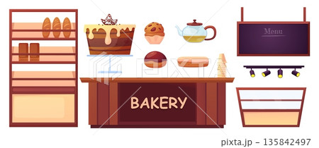 Bakery furniture. Bread stand, wooden cashier desk and showcase for cakes, cookies, donuts. Teapot, menu blackboard, sweet muffin, nowaday vector set 135842497