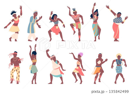 African dancers. African male and female in traditional costumes, tribal dances. Actors actress dancing, ethnic team characters, recent vector clipart 135842499
