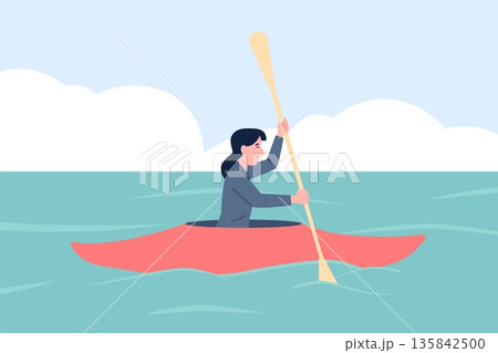 Business woman in kayak. Businessperson rafting, female character along in water. Activity life, purposefulness and active work, workaholism recent vector scene Business woman in kayak. Businessperson rafting, female character along in water. Activity life, purposefulness and active work, workaholism recent vector scene 135842500