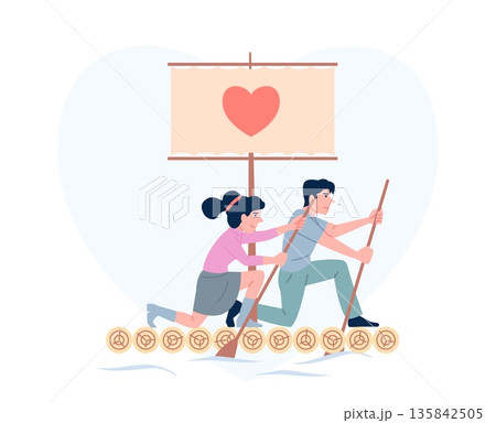 Partnerships in relationship. Woman with man rafting together on wooden raft, rowing together. Successful teamwork in life or corporate, flat vector scene 135842505