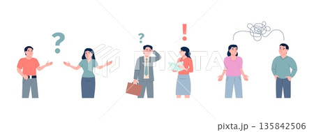 Misunderstanding scenes. Male female dont understand each other in family, relationship, friendship, business. Thoughtful characters, communication problems vector set 135842506