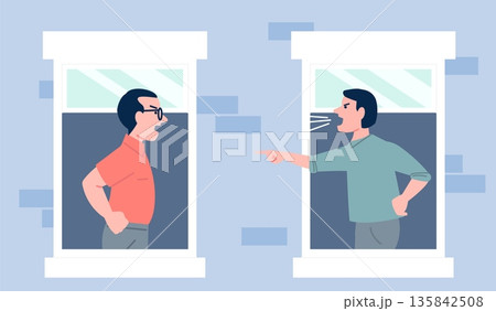 Male neighbors fight. Men scream quarrel, angry neighborhood vibe. Furious adults look out of windows and shout at each other, argues, flat vector urban scene Male neighbors fight. Men scream quarrel, angry neighborhood vibe. Furious adults look out of windows and shout at each other, argues, flat vector urban scene 135842508