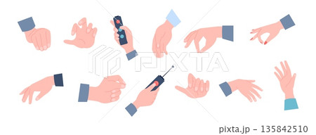 Human hands different postures. Flat hand poses, male female arms point, hold, press, extend. Person body parts, elements for design, vector set 135842510
