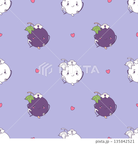 Cute Blackcurrant Nurse with Stethoscope Seamless Pattern. Outline and Color Drawing Funny Berry Currant Kawaii Mascot Medical Character on Light Purple Background. Vector Square illustration 135842521