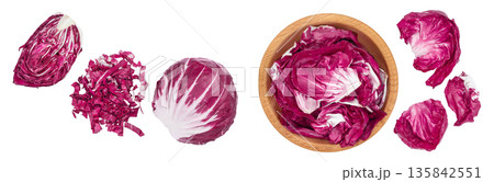 Fresh red radicchio salad in wooden bowl isolated on white background with full depth of field. Top view. Flat lay Fresh red radicchio salad in wooden bowl isolated on white background with full depth of field. Top view. Flat lay 135842551