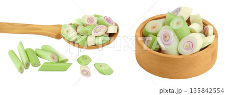 Fresh Lemongrass slices in wooden spoon and bowl isolated on white background with full depth of field 135842554