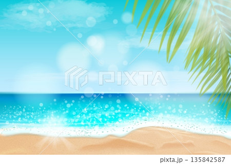 Realistic ocean beach. Sea wave sand shore palm tree leaves landscape, maldives tropical island blue sky sun glare bokeh sunshine travel summer holiday tour 3d vector illustration Realistic ocean beach. Sea wave sand shore palm tree leaves landscape, maldives tropical island blue sky sun glare bokeh sunshine travel summer holiday tour 3d vector illustration 135842587