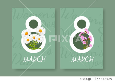 March 8 card. Realistic flowers in 8th number, womens day greeting cards design elegant template female spring holiday flower chamomile wildflower bouquet 3d vector illustration March 8 card. Realistic flowers in 8th number, womens day greeting cards design elegant template female spring holiday flower chamomile wildflower bouquet 3d vector illustration 135842589