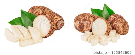 fresh taro root with slices and leaf isolated on white background 135842609