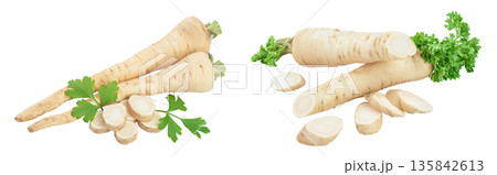 Parsley root with slices and leaves isolated on white background Parsley root with slices and leaves isolated on white background 135842613