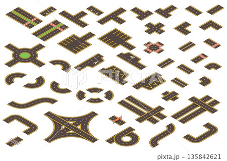 Isometric road set. City highway map creation kit, car traffic street path roadmap construction elements circle way race track crossroad asphalt icons, kicky vector illustration Isometric road set. City highway map creation kit, car traffic street path roadmap construction elements circle way race track crossroad asphalt icons, kicky vector illustration 135842621