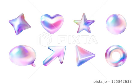 Holographic inflated figures. 3d hologram balloon shape, realistic y2k abstract icons iridescent effect speech bubble arrow star heart futuristic holo, exact vector illustration Holographic inflated figures. 3d hologram balloon shape, realistic y2k abstract icons iridescent effect speech bubble arrow star heart futuristic holo, exact vector illustration 135842638