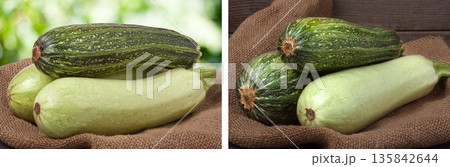 green zucchini and courgettes on sackcloth with a blurred background 135842644