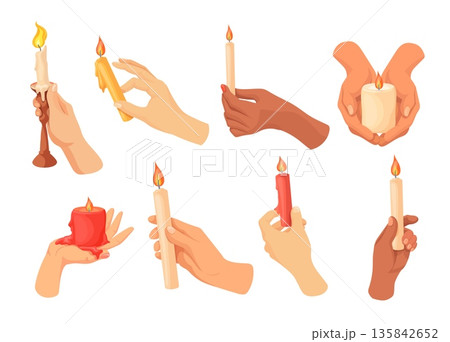 Hand hold candle. International hands holding burning wax candles with flame fire light, church religious or christmas holiday celebration set cozy home, neat vector illustration 135842652