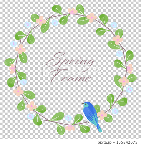 Bluebird and spring flower wreath frame: hand-drawn natural decorative frame Bluebird and spring flower wreath frame: hand-drawn natural decorative frame 135842675