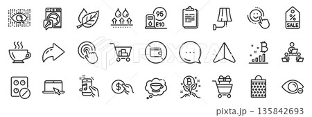 Internet shopping, Portable computer and Waterproof line icons pack. Share, Message, Paper plane icons. Bitcoin graph, Teamwork, Music phone web icon. Vector 135842693