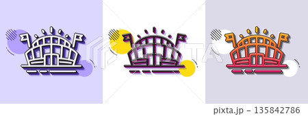 Sports arena line icon. Halftone dotted pattern. Gradient icon with grain shadow. Stadium with flags sign. Sport complex symbol. Line sports arena icon. Various designs. Vector 135842786
