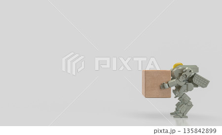 Industrial Robot Carrying Heavy Box Automation Concept Illustration 3d render. 135842899