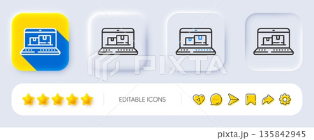 Web inventory line icon. Neumorphic, Flat shadow, 3d buttons. Wholesale computer sign. Warehouse system symbol. Line web inventory icon. Social media icons. Vector 135842945