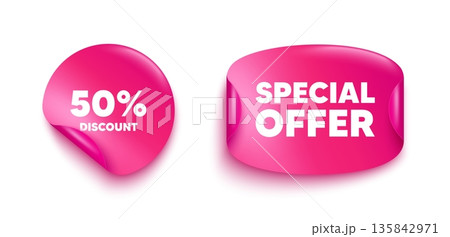 Discount sticker banner. Paper price label. 50 percent discount tag. Sale offer price sign. Special offer symbol. Paper sticker with message. Offer label banner. Vector 135842971