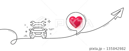 Car service line icon. Continuous line with share plane. Auto repair sign. Garage service symbol. 3d heart in speech bubble. Car single line ribbon. Loop curve pattern. Vector 135842982