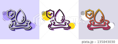 Flood insurance line icon. Halftone dotted pattern. Gradient icon with grain shadow. Flooding risk coverage sign. Water drop protection symbol. Line flood insurance icon. Various designs. Vector 135843030