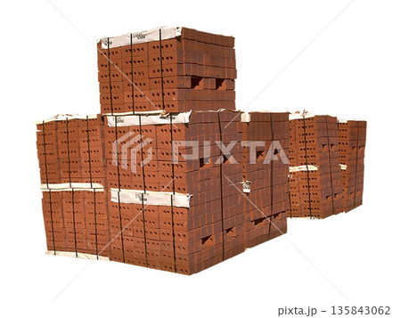 a Stacked Pallets of Red Clay Bricks for Construction a Stacked Pallets of Red Clay Bricks for Construction 135843062