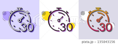 Timer 30 minutes line icon. Halftone dotted pattern. Gradient icon with grain shadow. Stopwatch time sign. Countdown clock symbol. Line timer icon. Various designs. Vector 135843156