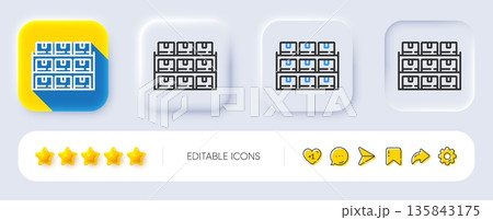 Boxes shelf line icon. Neumorphic, Flat shadow, 3d buttons. Warehouse inventory sign. Logistic wholesale goods symbol. Line boxes shelf icon. Social media icons. Vector 135843175