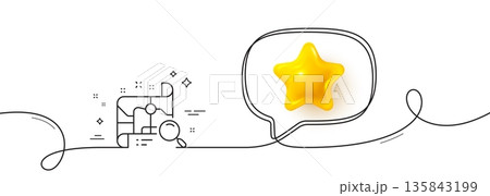 Search map line icon. Continuous line with 3d star. Find location address sign. 3d star in speech bubble. Search map single line ribbon. Loop curve pattern. Vector Search map line icon. Continuous line with 3d star. Find location address sign. 3d star in speech bubble. Search map single line ribbon. Loop curve pattern. Vector 135843199